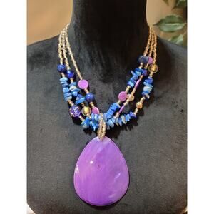 Women's Purple Teardrop Pendant Necklace With Blue Beads And Multi Strand Design